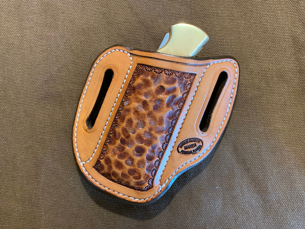 Gibson Hammered Leather Knife Sheath for the Buck 112 Light Mahogany Antique Right-hand carry.