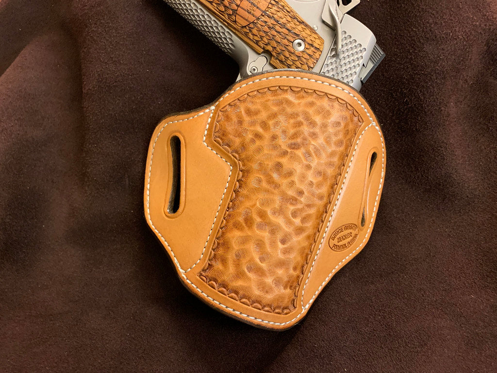 GIBSON 1911 HAMMERED NATURAL LINED OWB 4″ OR 4.25″ COMMANDER LEATHER HOLSTER