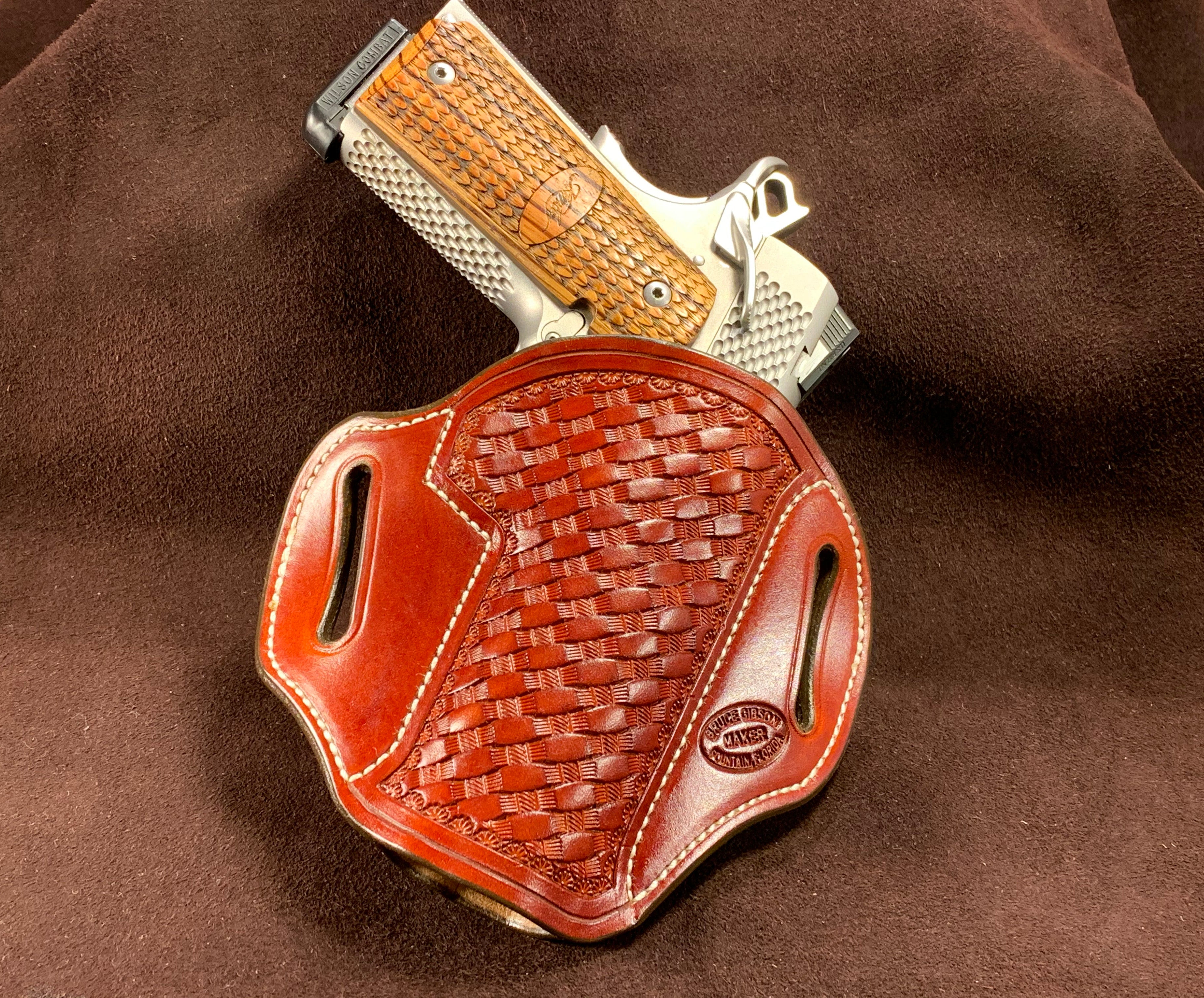 GIBSON 1911 4"-4.25" LEATHER HOLSTER ROPE BASKET LIGHT BROWN ALPHA RH OWB--SOLD OUT.