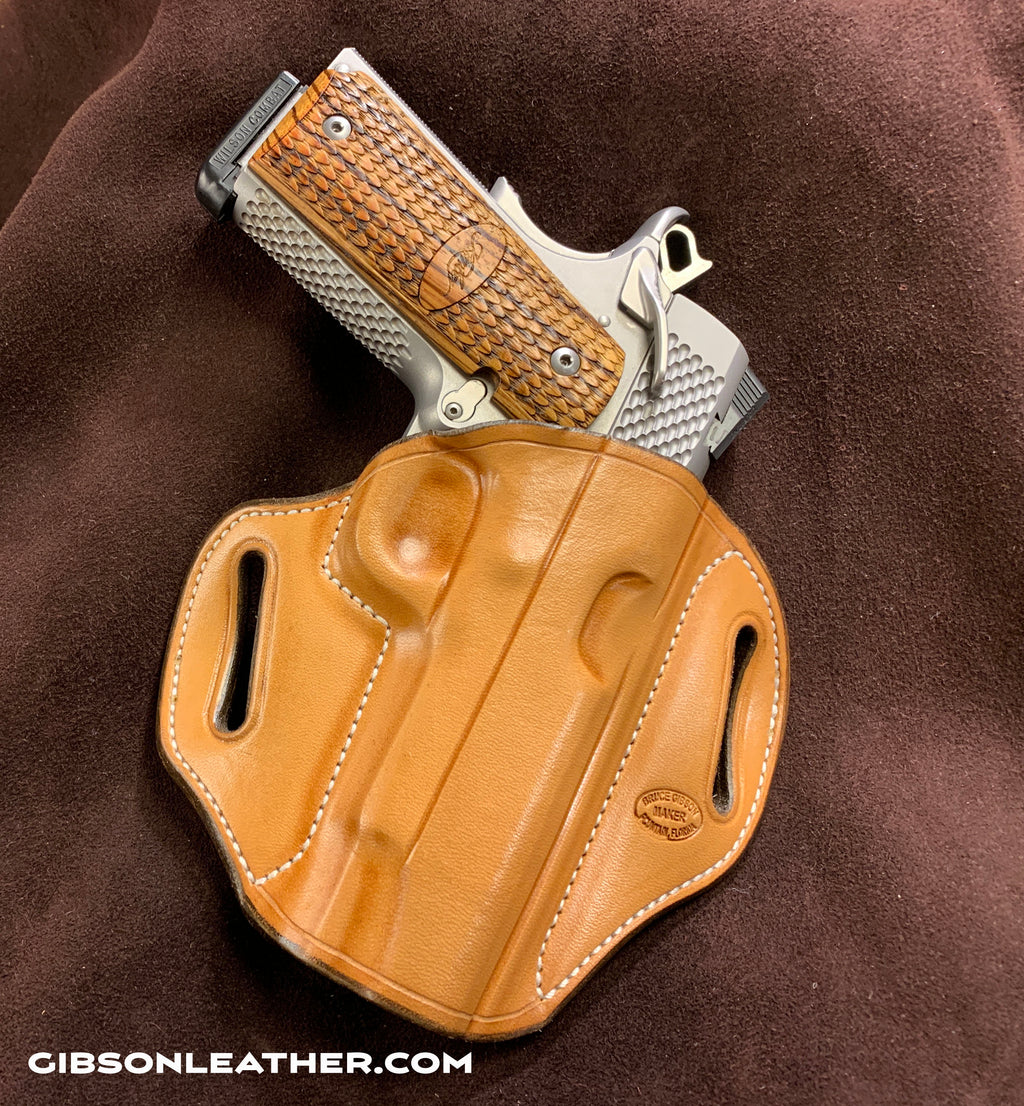 GIBSON NATURAL 1911 4"-4.25" COMMANDER LEATHER HOLSTER OWB WHITE STITCHING