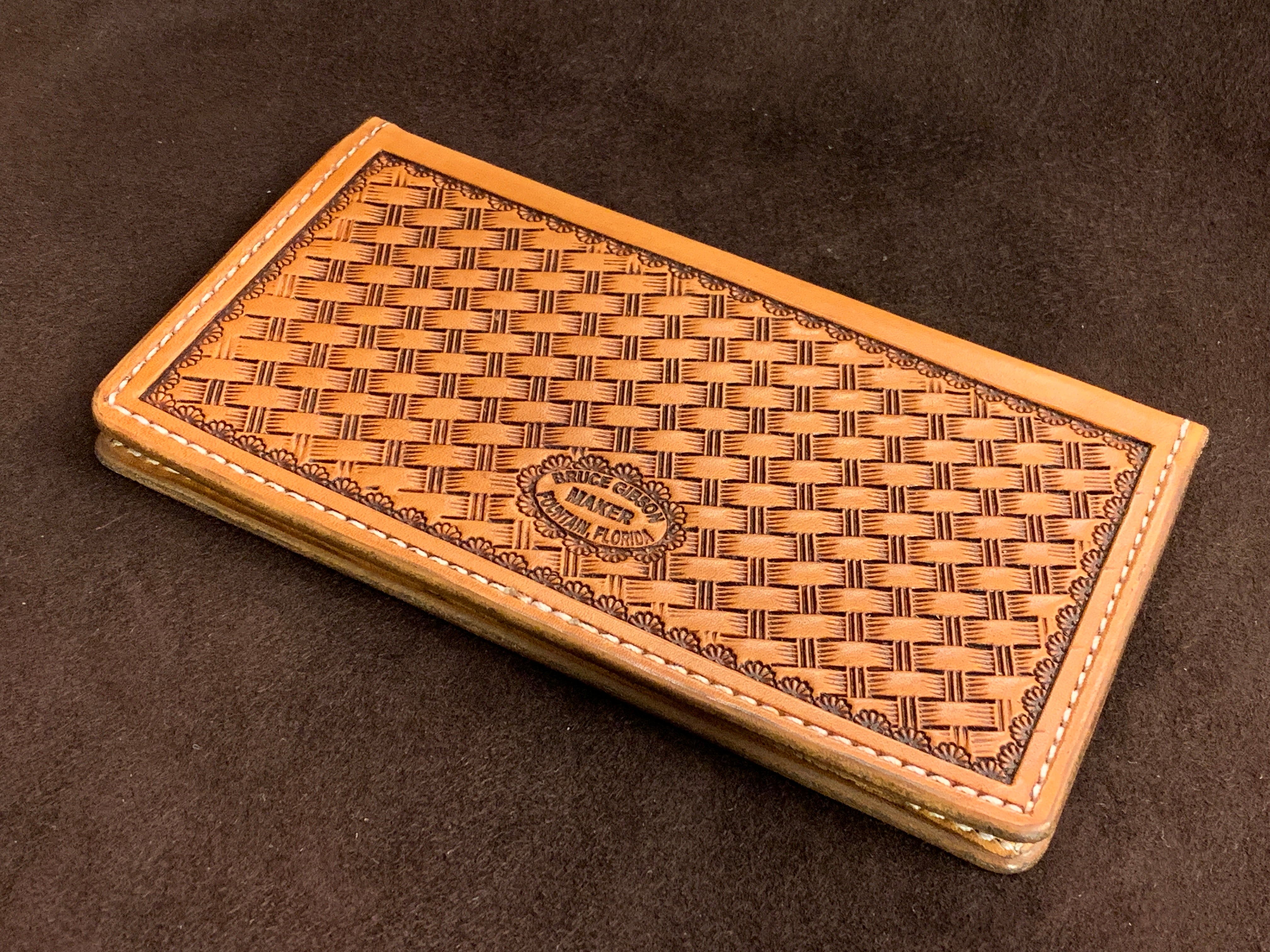 Gibson Hand-carved Floral Mahogany Antiqued Checkbook Cover Wallet