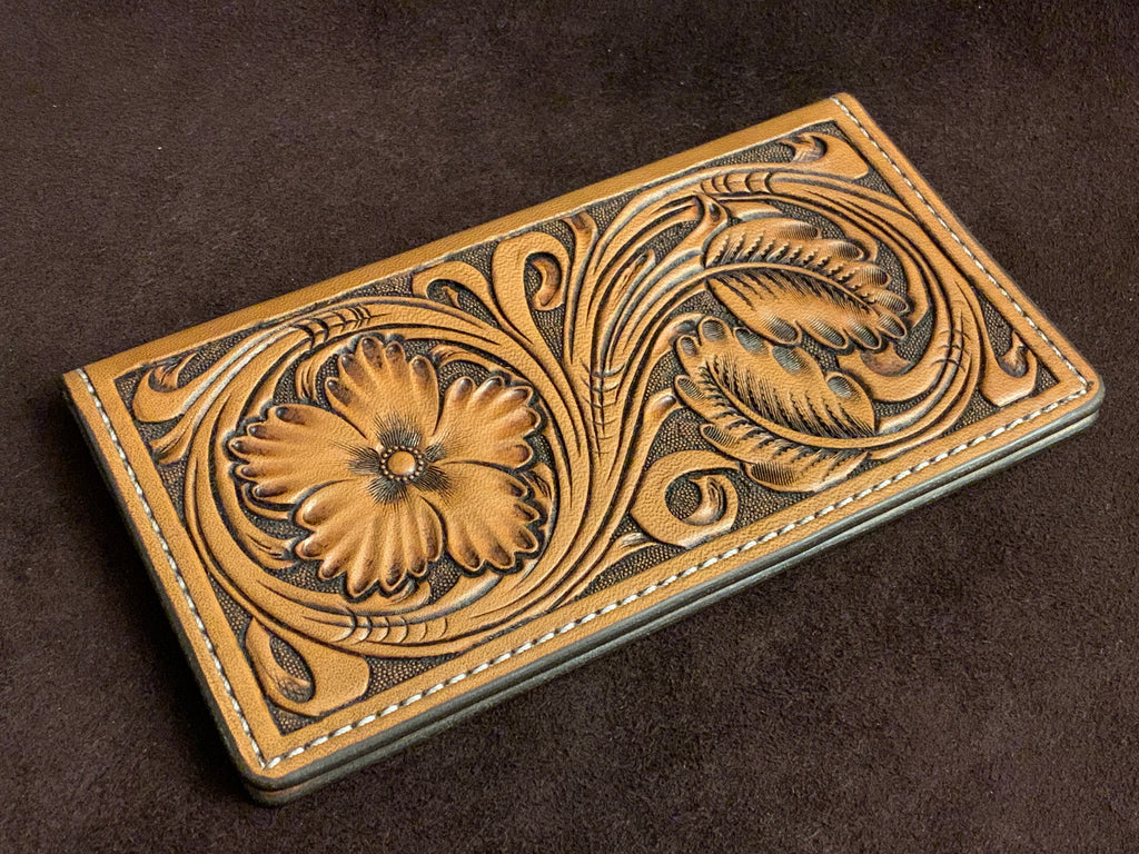 Gibson Hand-carved Floral Dark Brown Antiqued Leather Checkbook Cover Wallet
